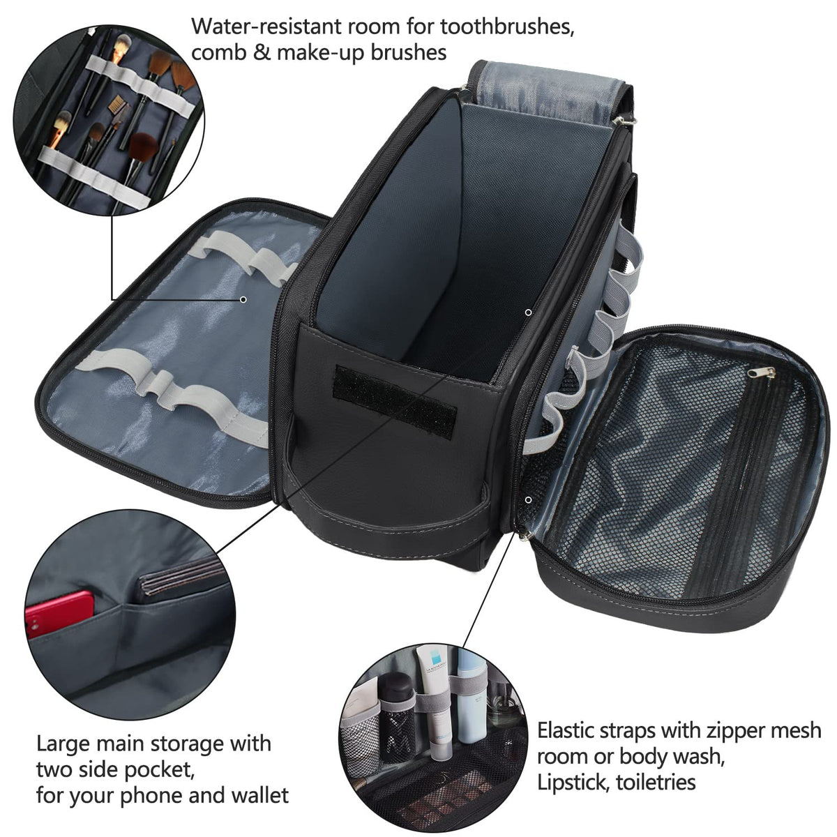 Buruis toiletry bag double-zip opening enables fast packing.