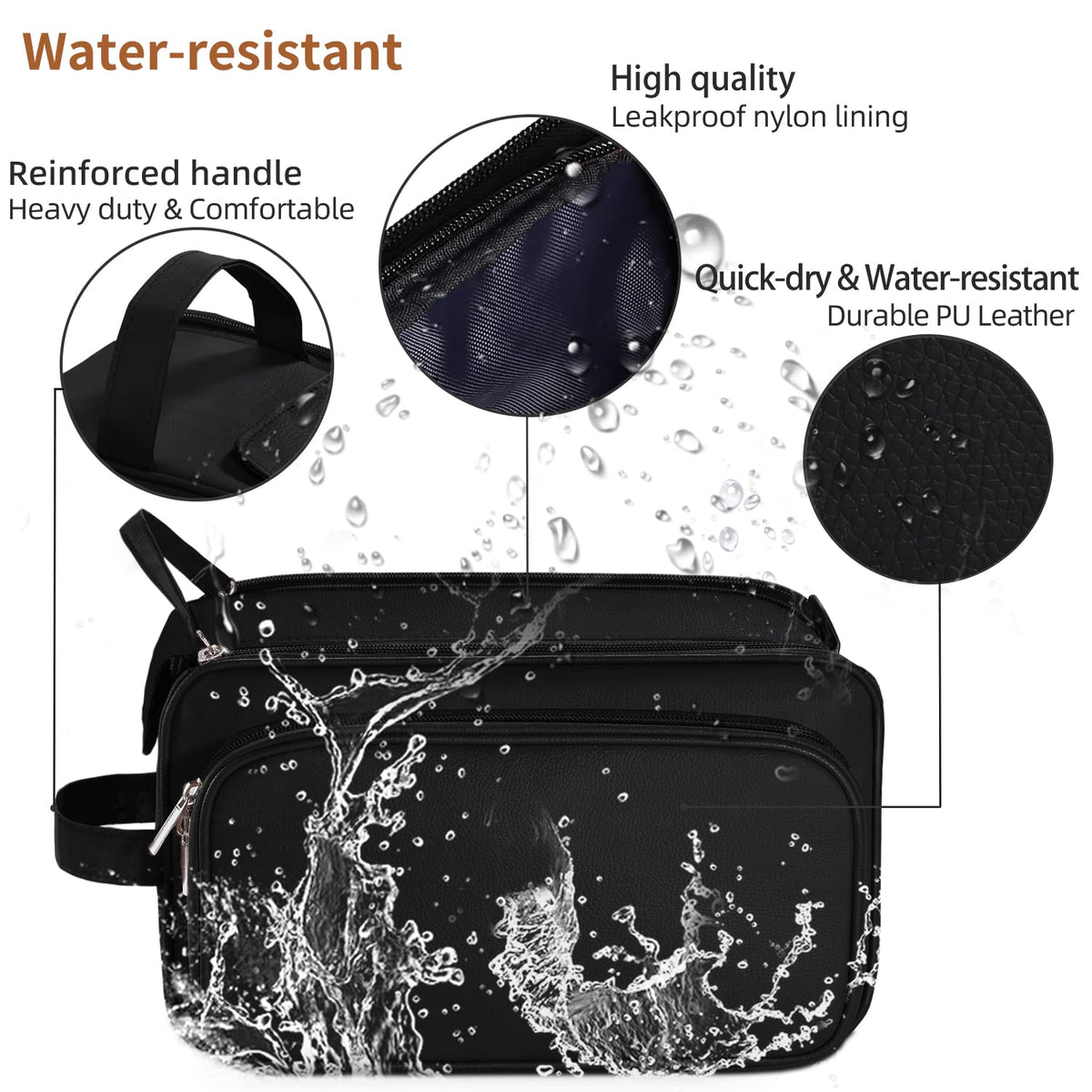 Buruis toiletry bag leather handle and interior straps stabilize bottles.