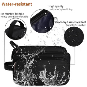 Buruis toiletry bag leather handle and interior straps stabilize bottles.