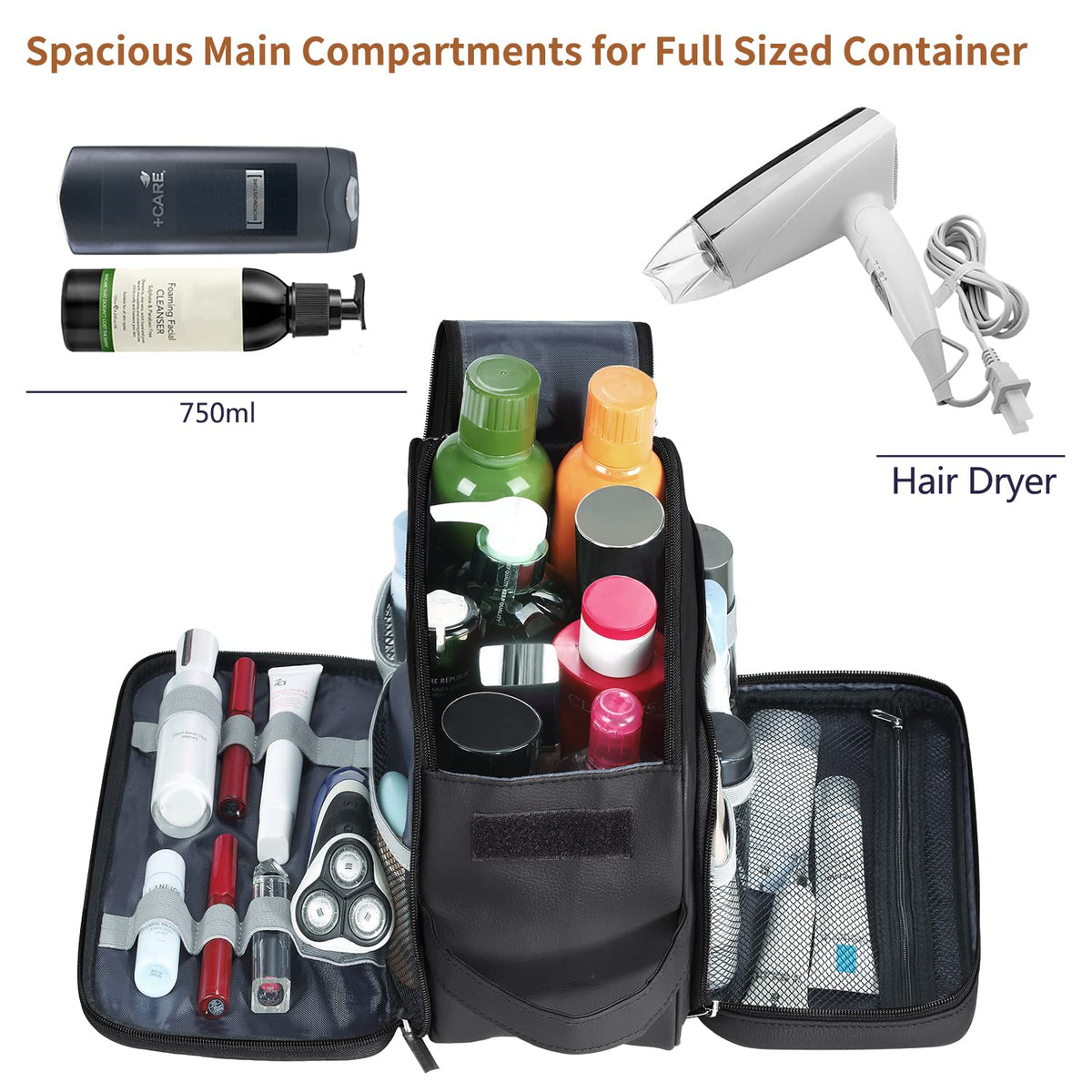 Buruis toiletry bag wide opening enables quick access on trips.