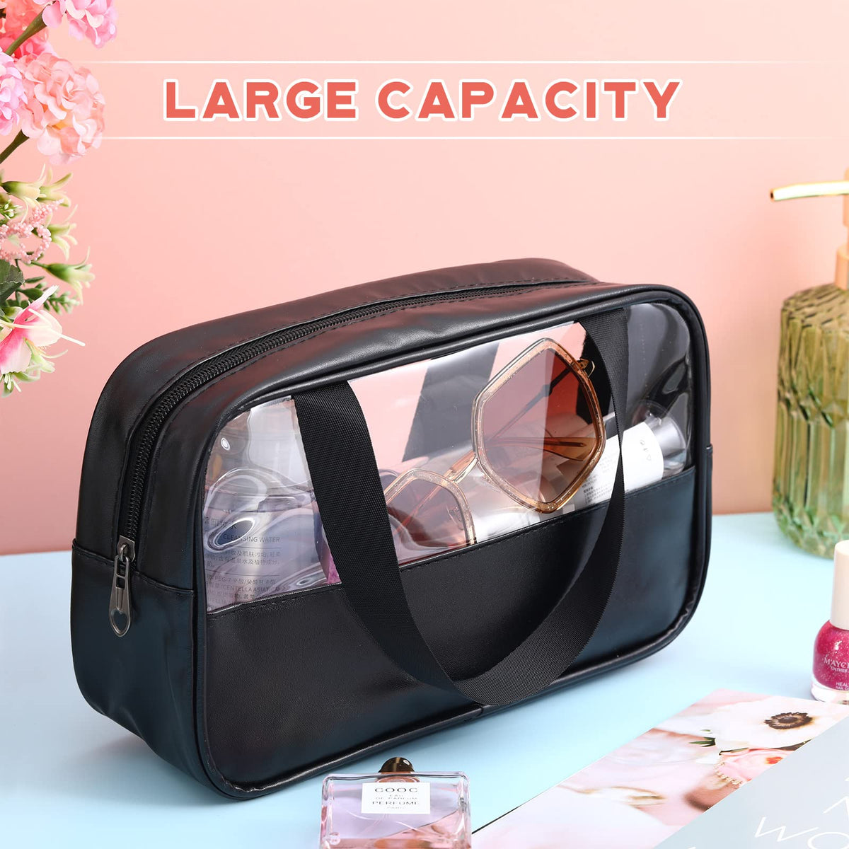 Buryeah clear cosmetic bag with large opening zipper for fast item retrieval