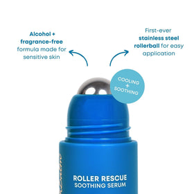 Bushbalm Roller Rescue serum rollerball closeup showing refreshing, soothing application