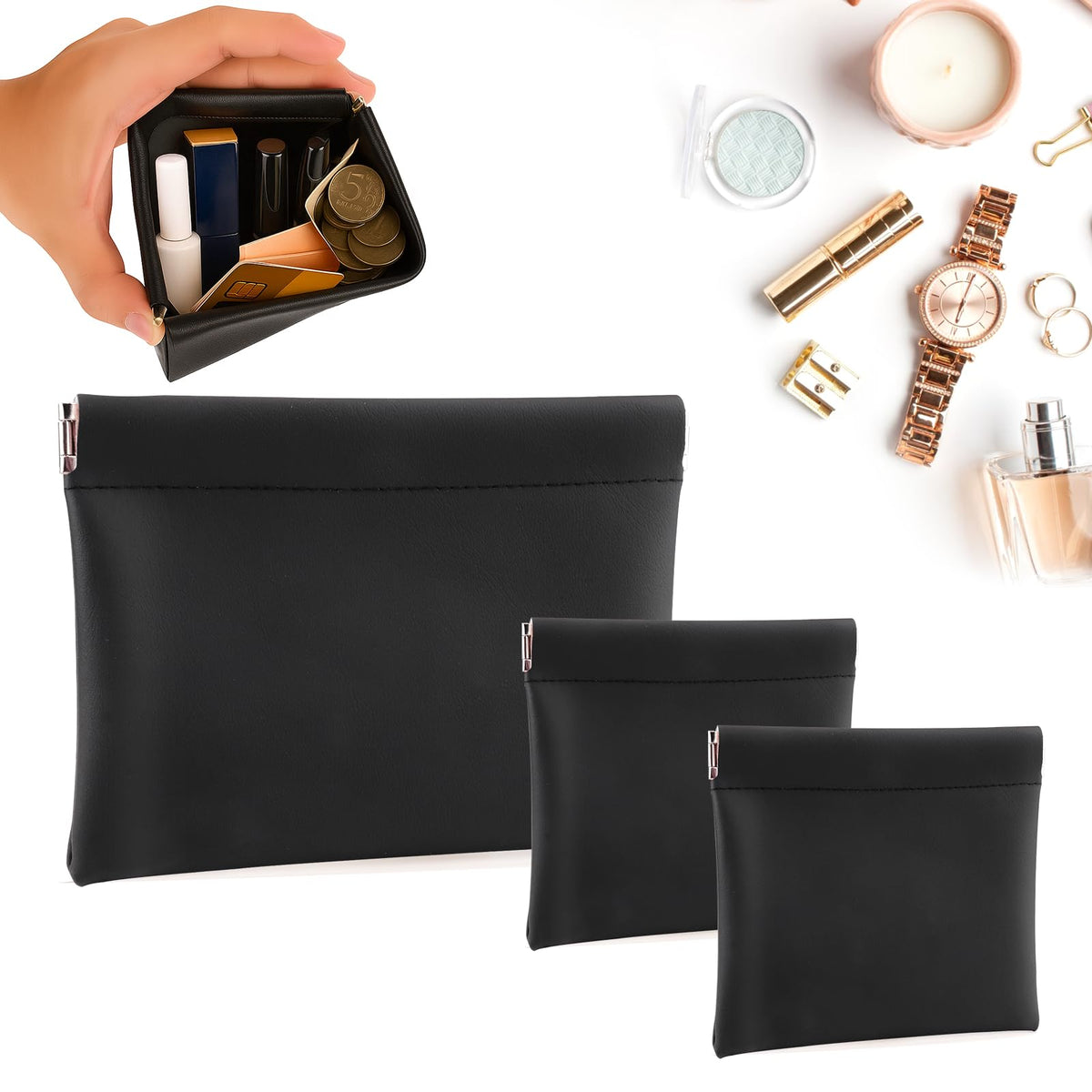 BUSOHA three-pack small makeup bags in black for purse organization.