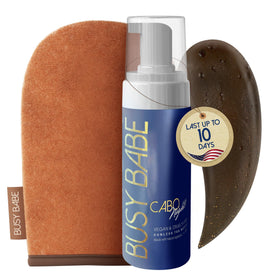 Busy Babe Cabo Tanning Mousse bottle with violet base and premium packaging.