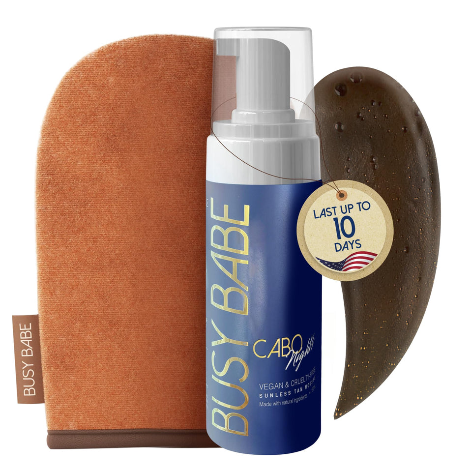 Busy Babe Cabo Tanning Mousse bottle with violet base and premium packaging.