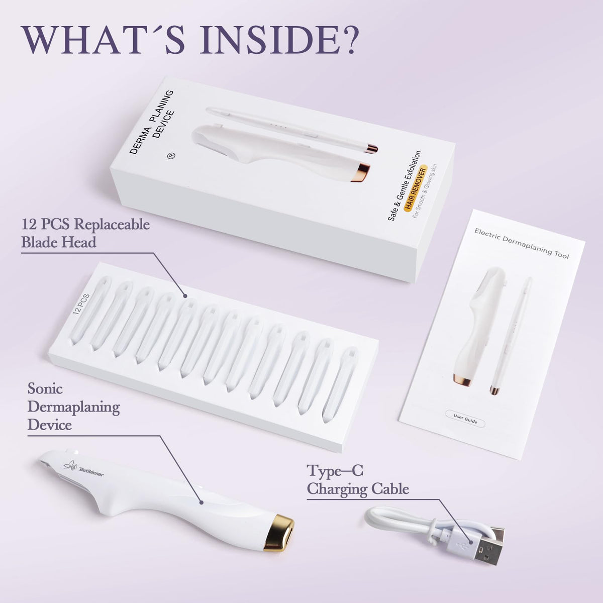Butiblener packaging and blades shown for easy replacement.