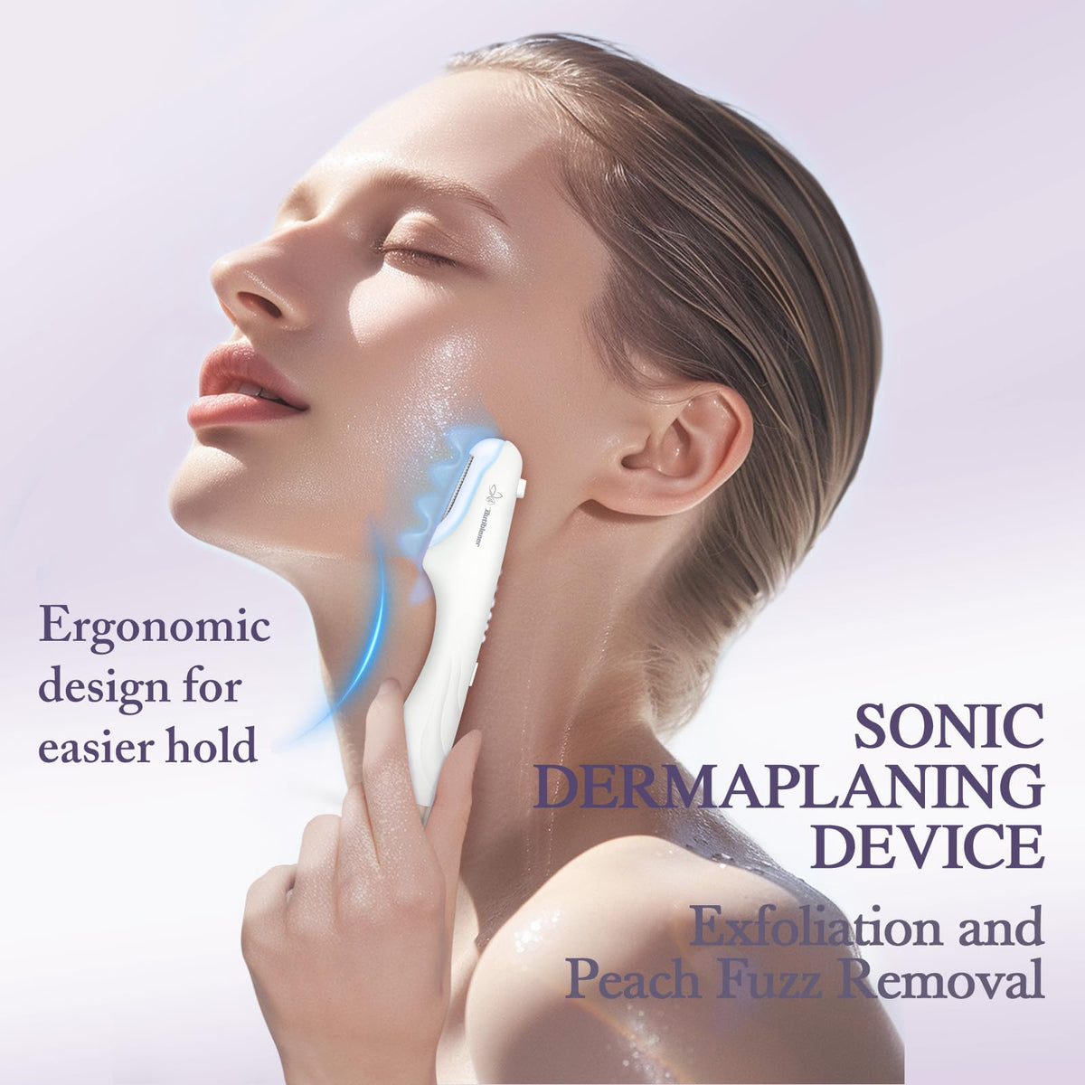 Butiblener Sonic Dermaplaning Tool in hand, cordless convenience for at-home grooming.