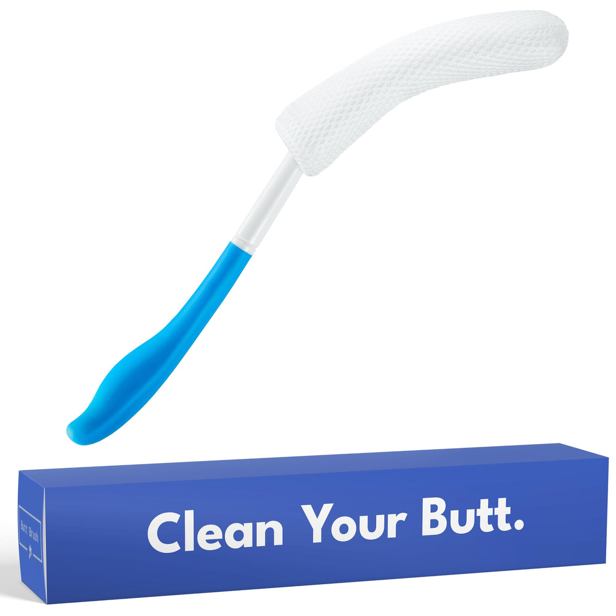 The Butt Brush demonstrates dedicated butt cleaning with a long ergonomic handle for precise control.