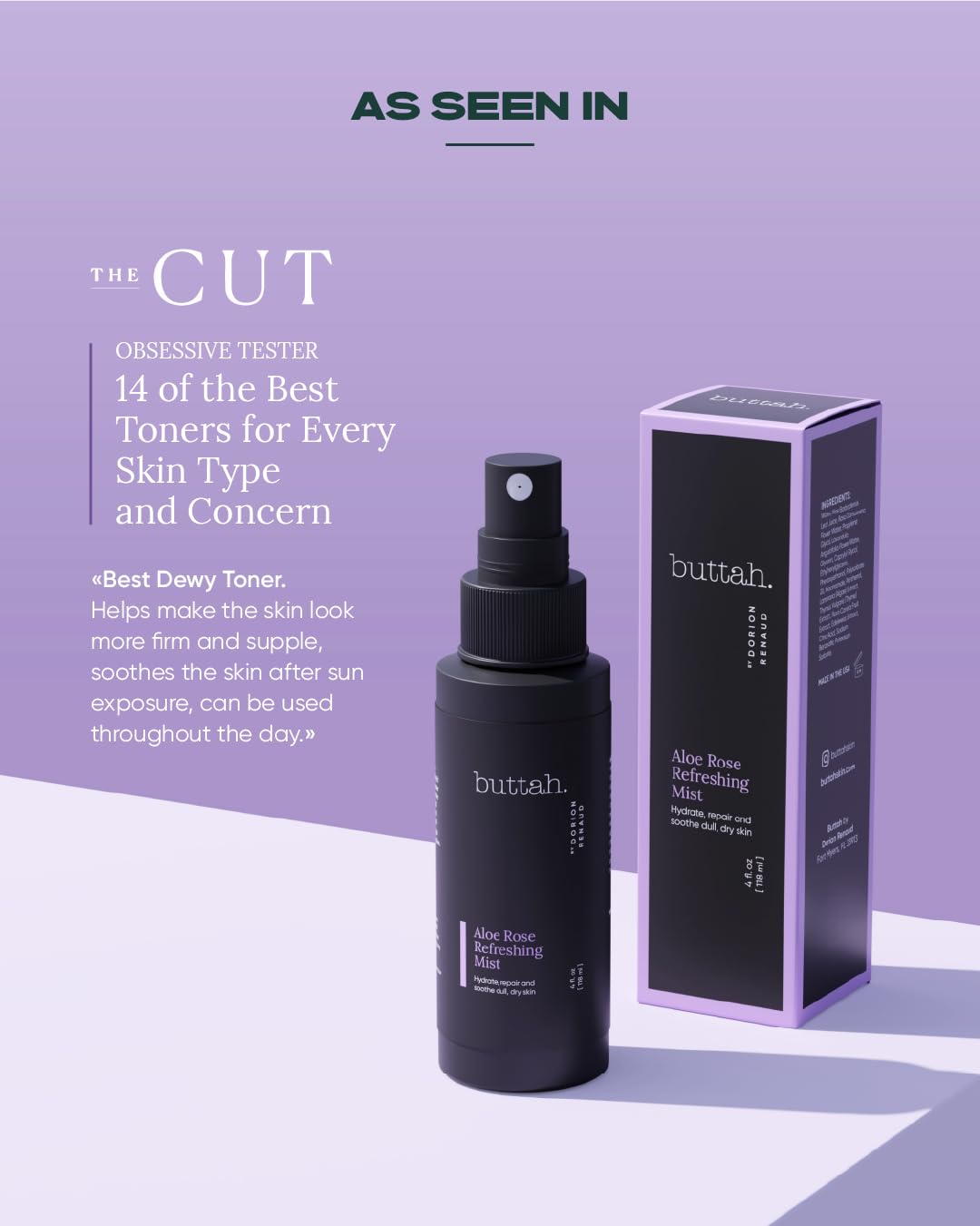 Buttah Aloe Rose Refreshing Mist packaging emphasizes black-owned skincare.