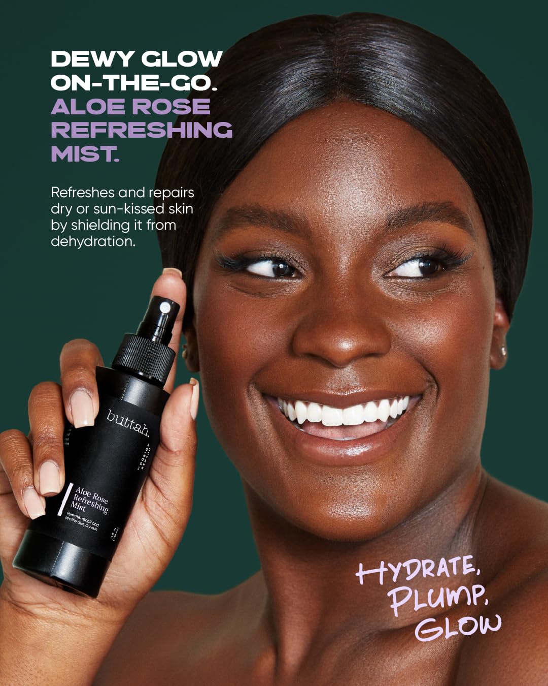 Buttah Aloe Rose Refreshing Mist being sprayed for instant skin refreshment.