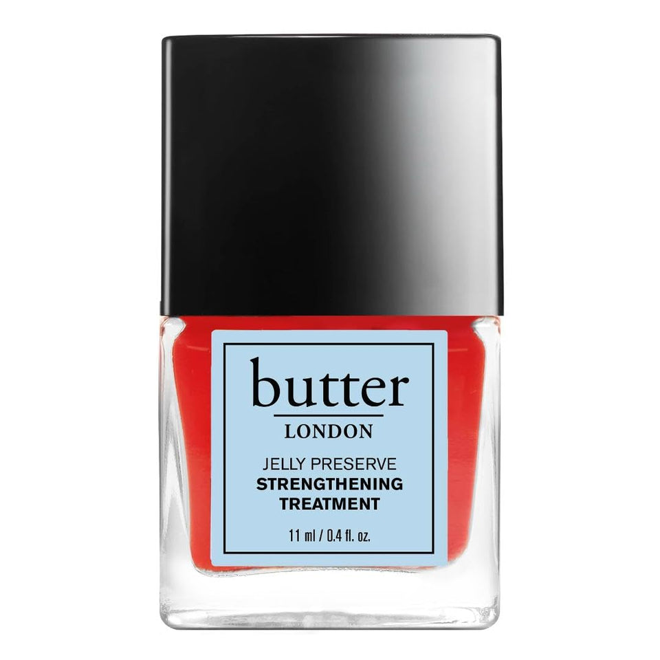 Butter LONDON Jelly Preserve bottle swatch showing strawberry rhubarb pink translucence for nails