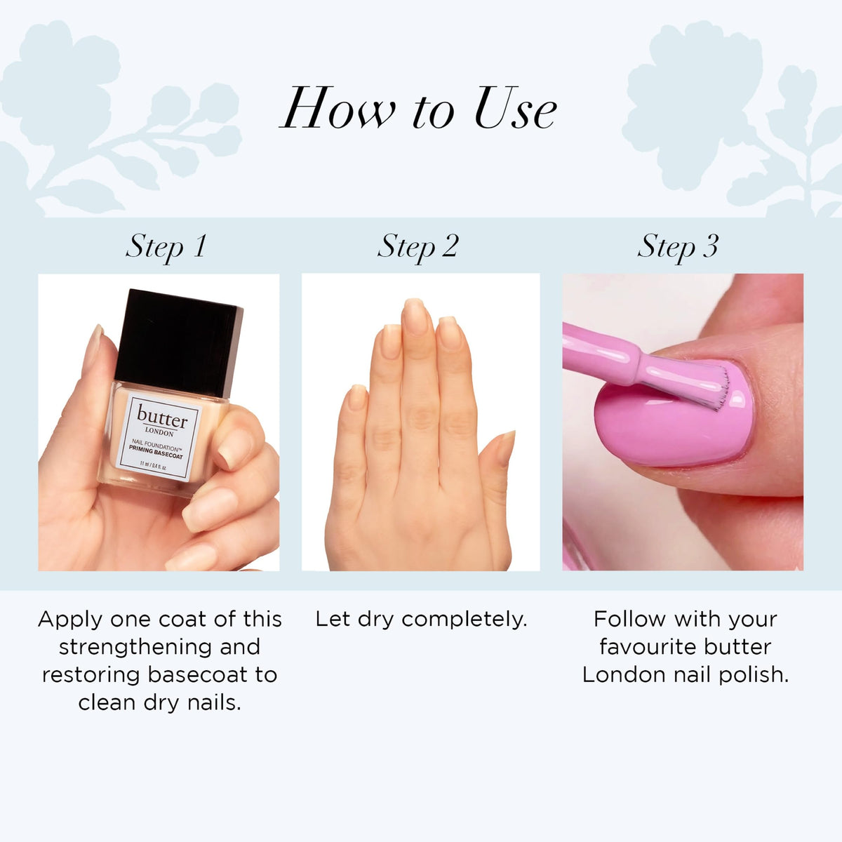 butter LONDON Priming Base Coat fills ridges and prevents nail stains for a smoother surface.