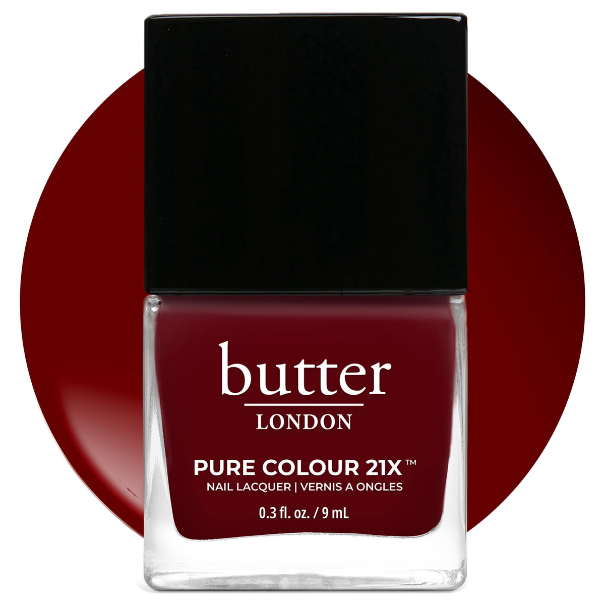 butter LONDON PC21X Afters bottle close-up showing rich color and quick-dry formula.