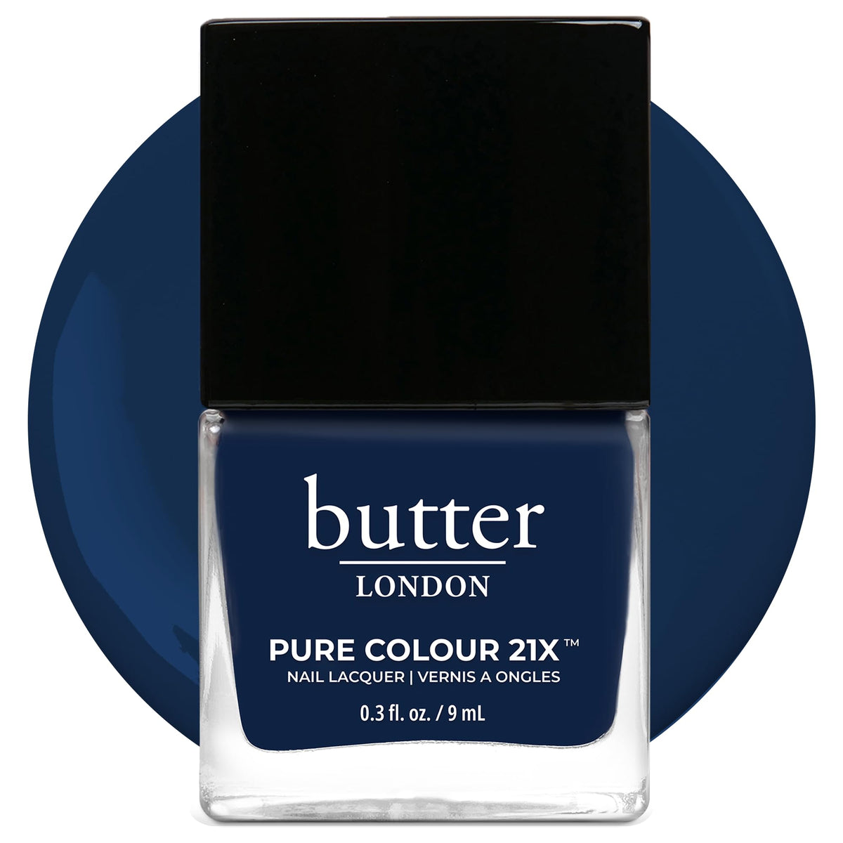 Butter LONDON PC21X Brolly bottle closeup shows navy shade and quick-dry formula.