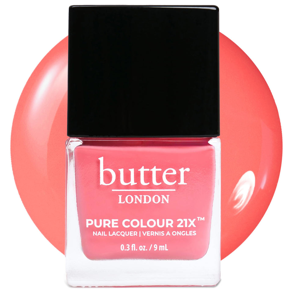 Butter LONDON PC21X Trout Pout bottle displays the glossy coral finish for a vibrant manicure.