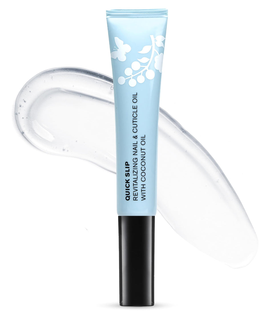 butter LONDON Quick Slip Cuticle Oil bottle closeup showing hydrating formula for nails.