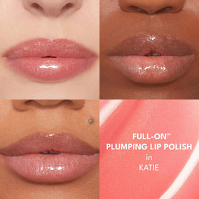 Buxom Katie lip gloss on lips with high-shine finish.
