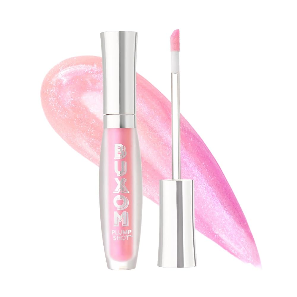 Buxom Plump Shot Lip Serum Spellbound Pink application close-up showing fuller lips.