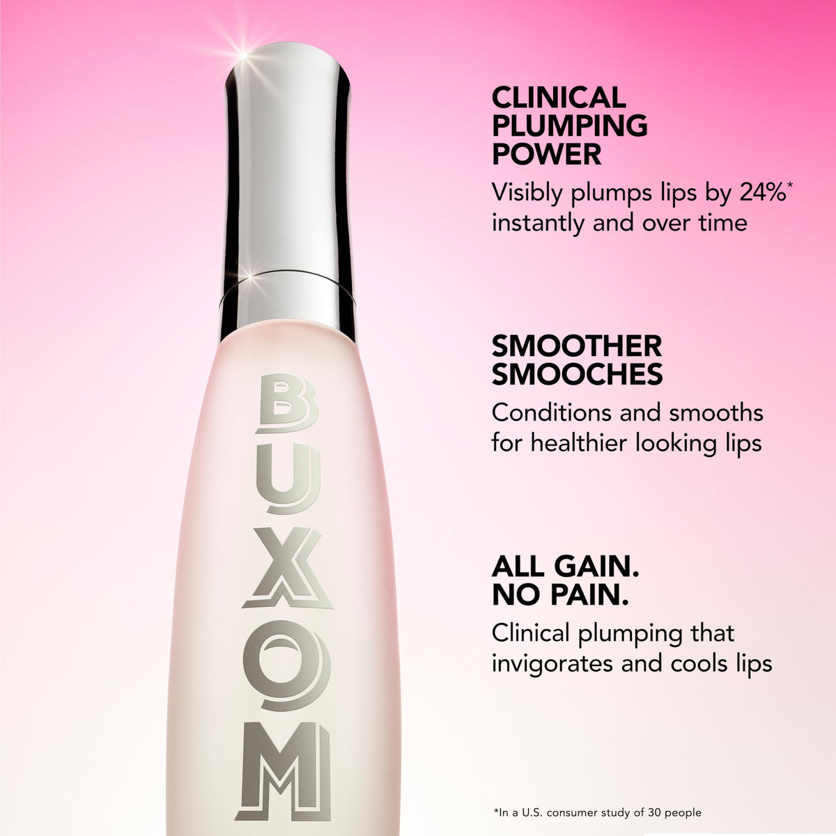 Buxom Lip Serum Spellbound Pink shows 12 sheer tints for customizable looks.