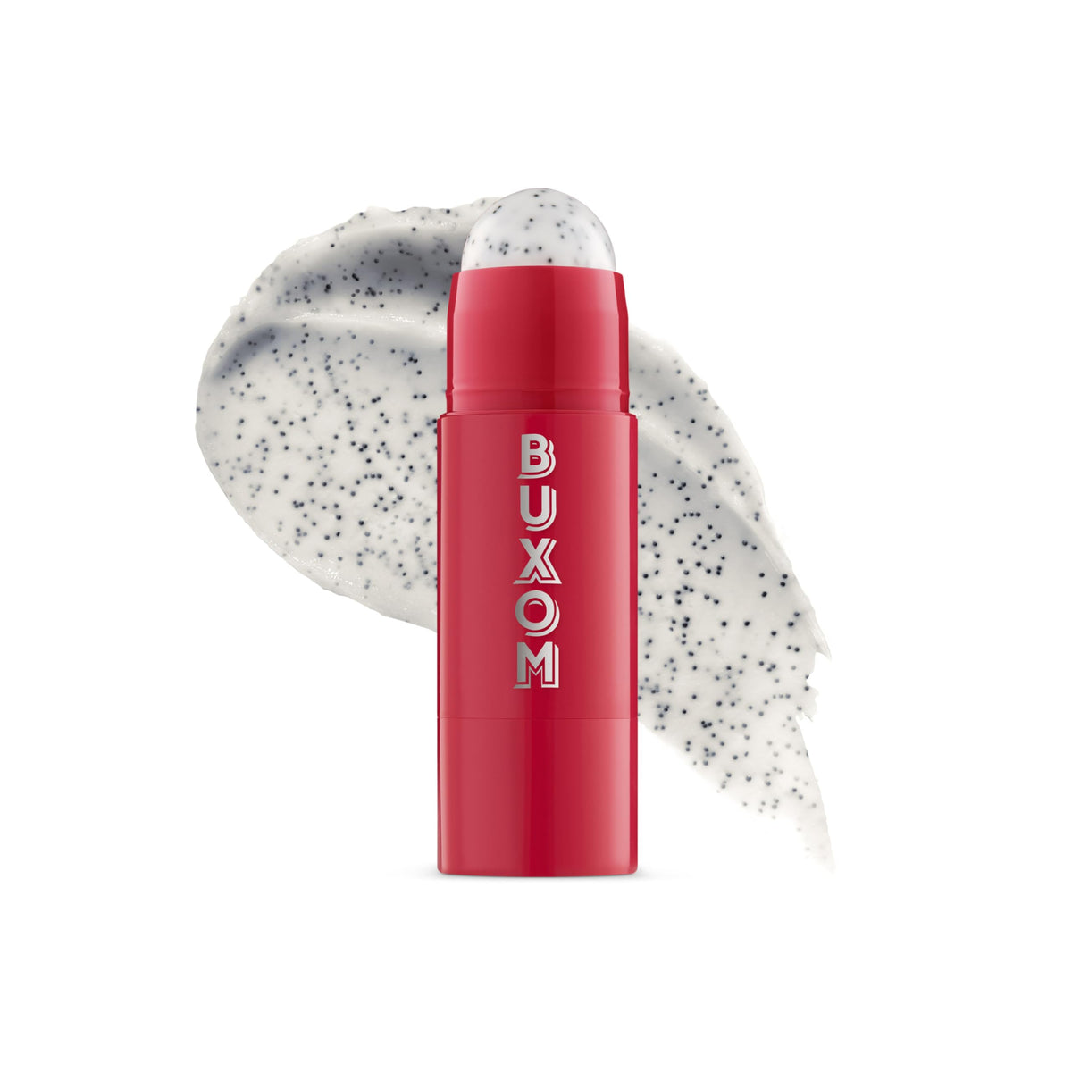BUXOM Power-Full Lip Scrub dragon fruit jar close-up showing sugar exfoliation for smooth lips.