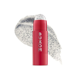 BUXOM Power-Full Lip Scrub dragon fruit jar close-up showing sugar exfoliation for smooth lips.