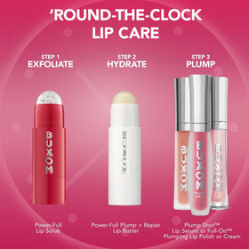 BUXOM Power-Full Lip Scrub ingredient-swatch highlights fruit enzymes for prep.