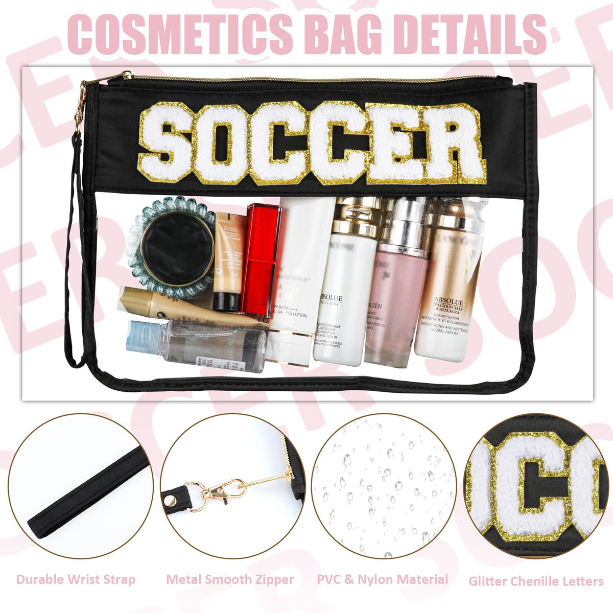 BuyCard black cosmetic bag with chenille patch adds sporty style and organization