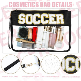BuyCard black cosmetic bag with chenille patch adds sporty style and organization