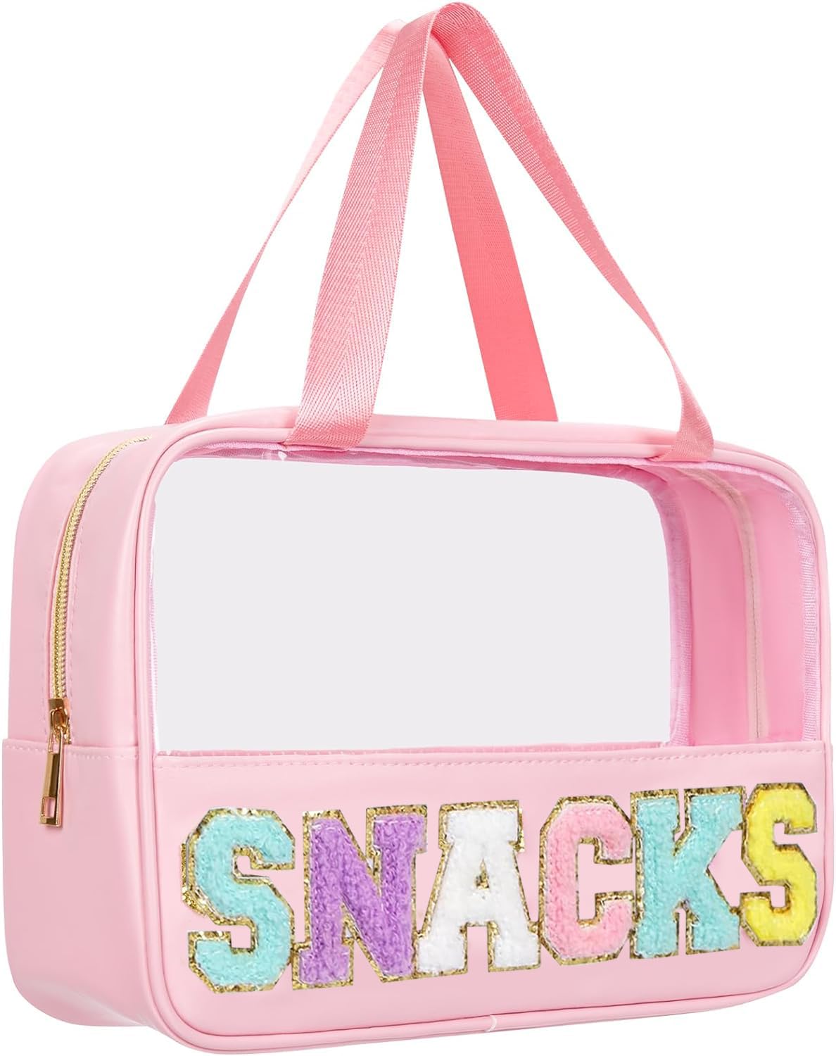 BuyCard chenille snacks bag in pink with clear window for quick access.