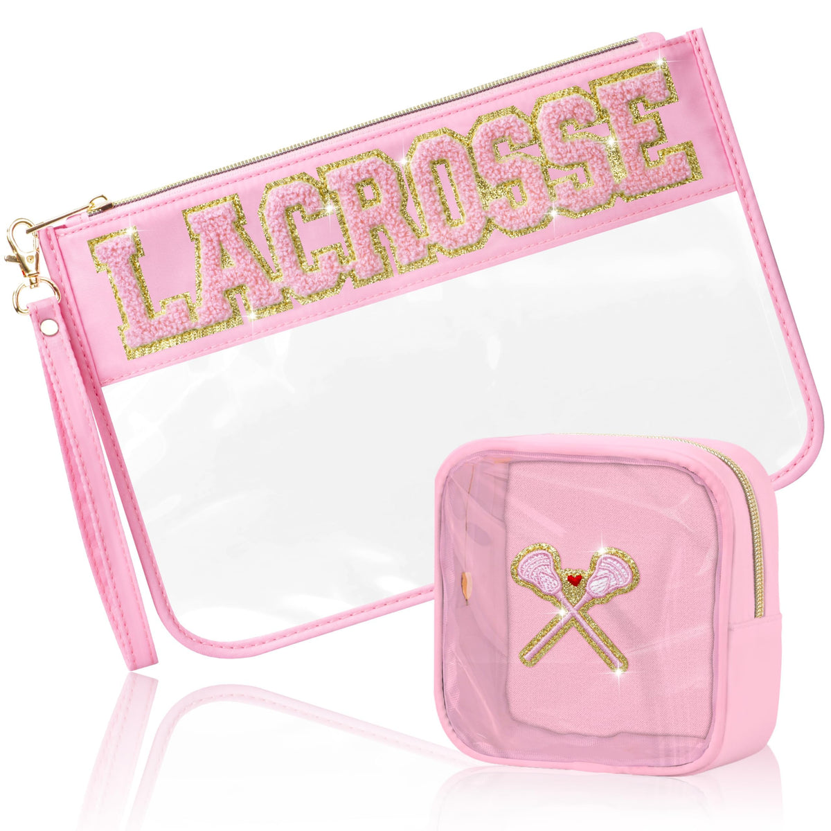 BuyCard Lacrosse makeup bag with large clear pouch and pink trim, ideal for travel cosmetics.