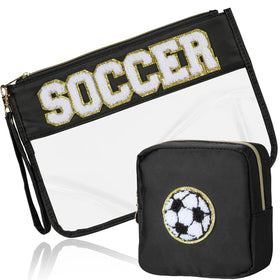 BuyCard soccer makeup bag with chenille patch and clear pouch for easy organization