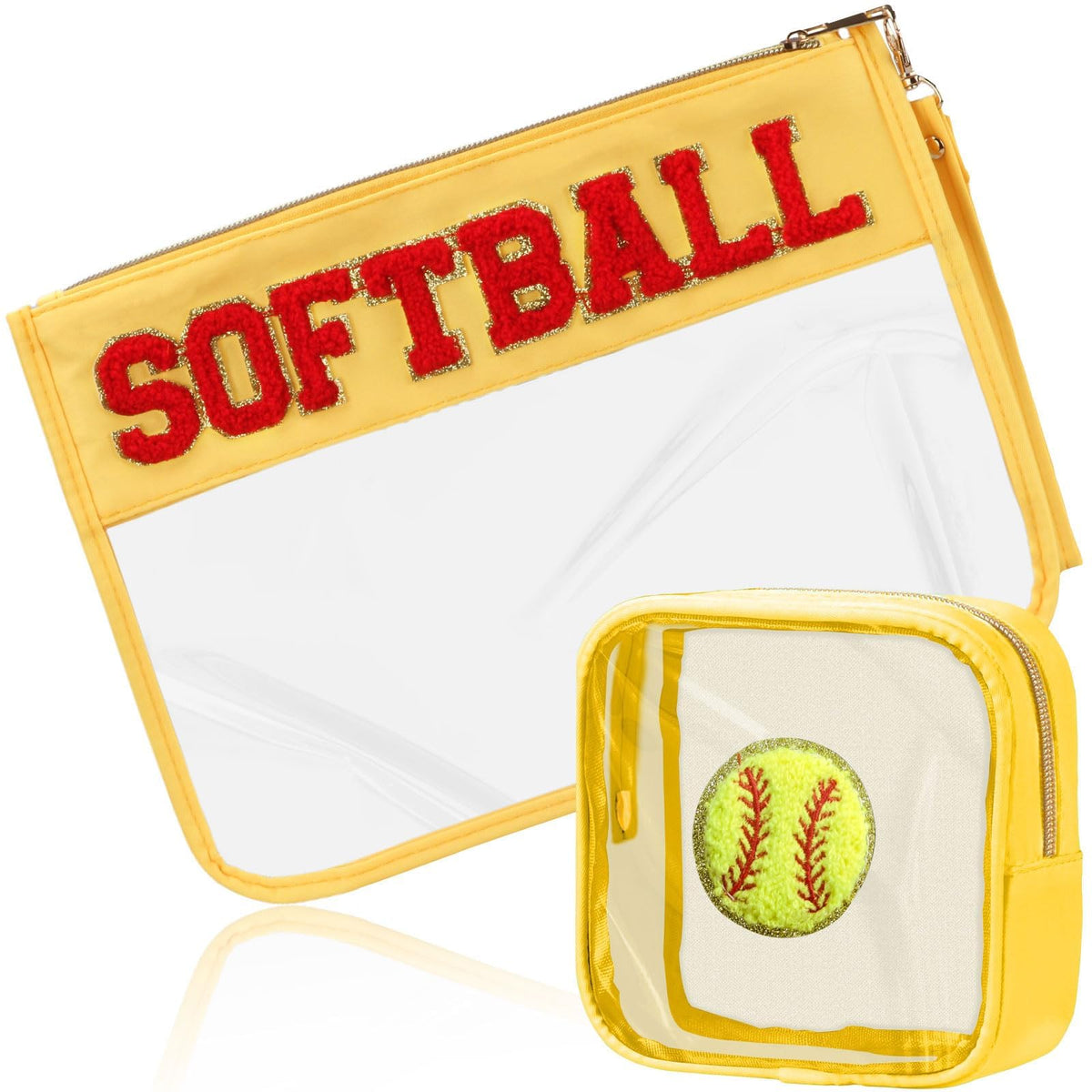 BuyCard softball makeup bag with chenille patch, stylish and functional for softball enthusiasts.