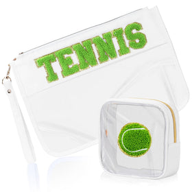 BuyCard tennis makeup bag with chenille patch, large interior for cosmetics on the go.