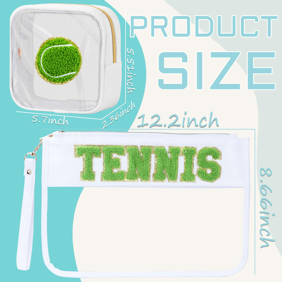 BuyCard tennis makeup bag with chenille patch, compact design for small items and coins.
