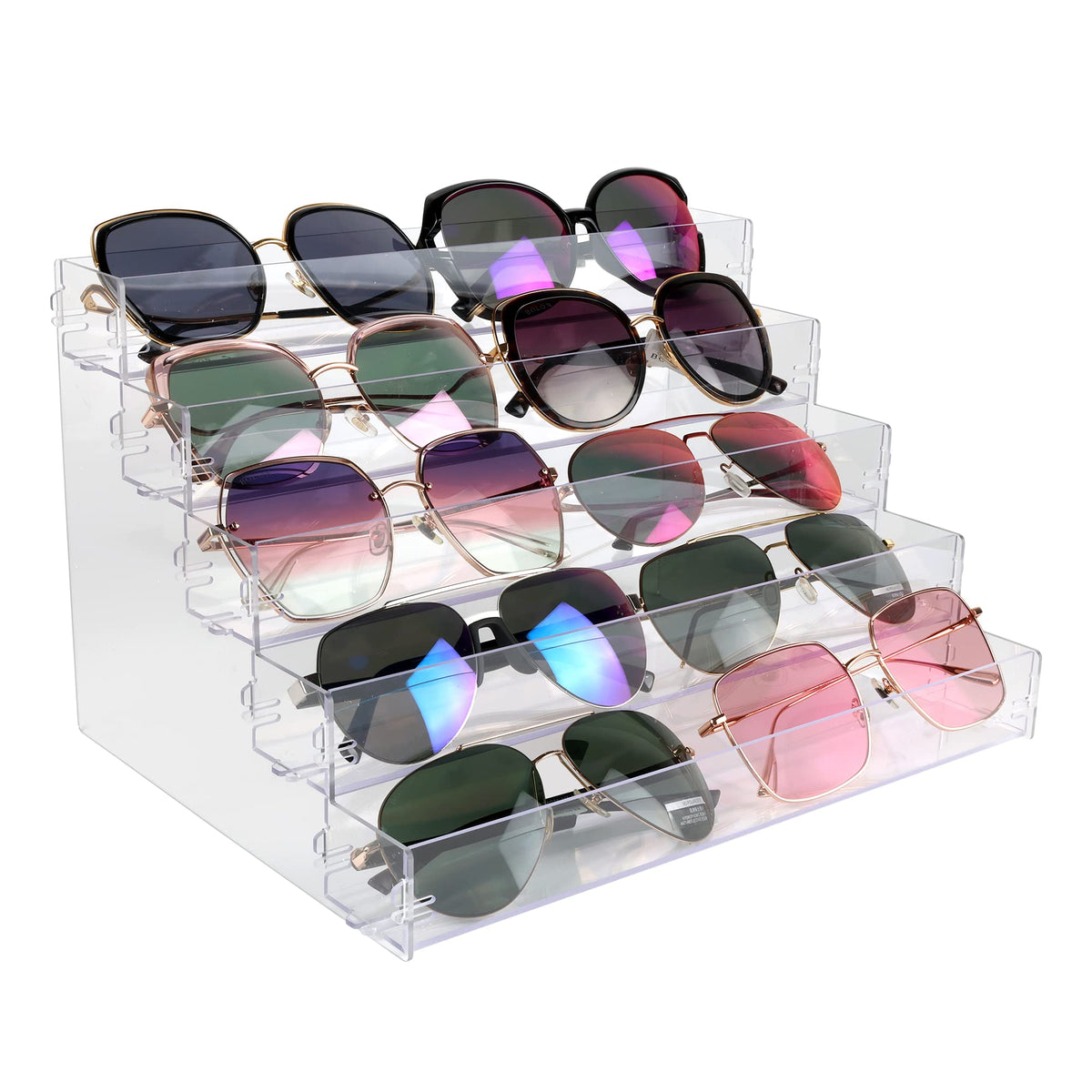 BVANQ sunglasses organizer front view with five clear compartments for easy access.