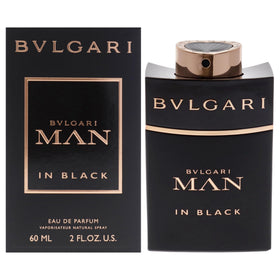 BVLGARI Man in Black bottle front view, bold woody profile.