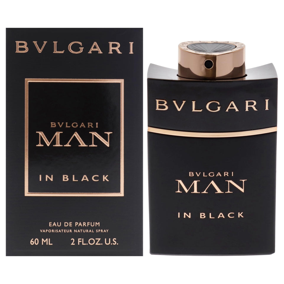 BVLGARI Man in Black bottle front view, bold woody profile.