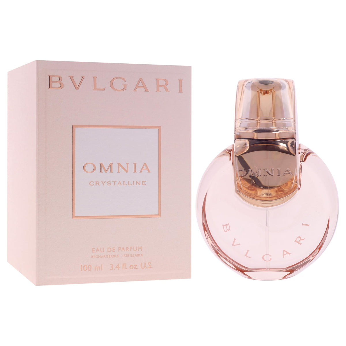 BVLGARI Omnia Crystalline cap and logo close-up signals premium, gift-ready packaging.