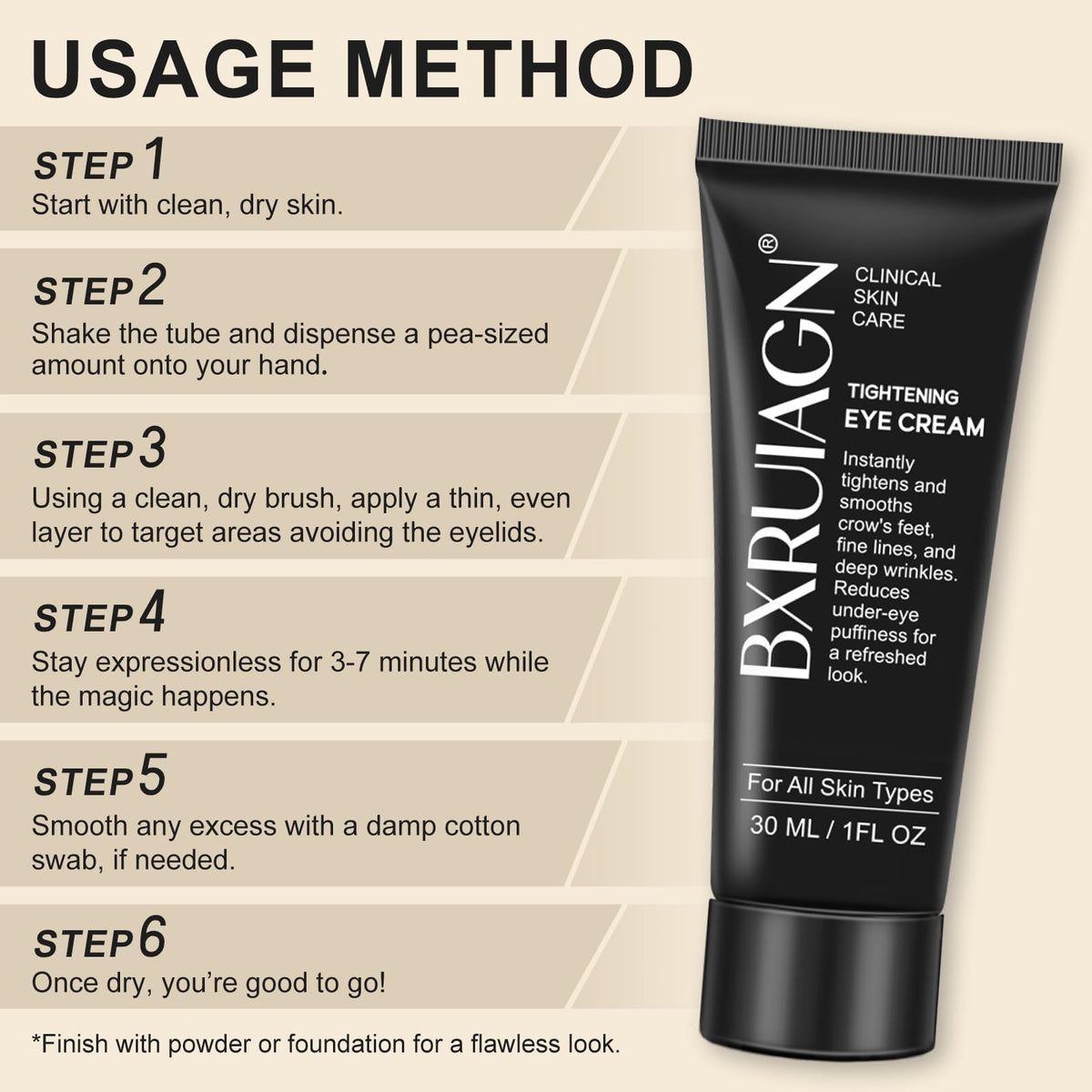 BXRUIAGN Instant Eye Tightener demonstrates gentle application on delicate under-eye skin.