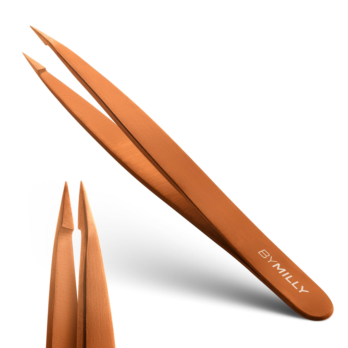 By MILLY Pointed Tweezers rose-gold fine-point close-up for precise plucking