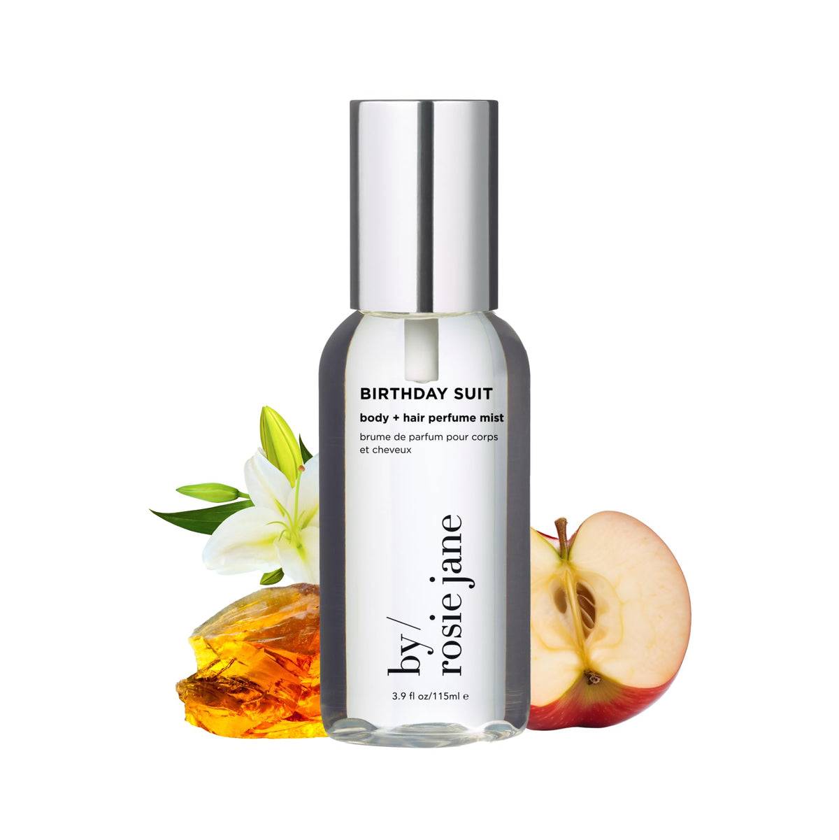 By Rosie Jane Birthday Suit mist bottle close-up shows fresh scent notes