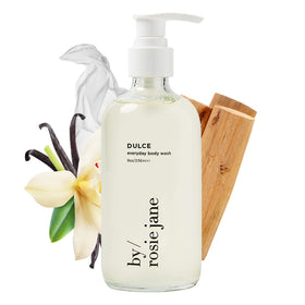 By Rosie Jane Dulce body wash bottle front showing creamy vanilla scent and vegan formula.