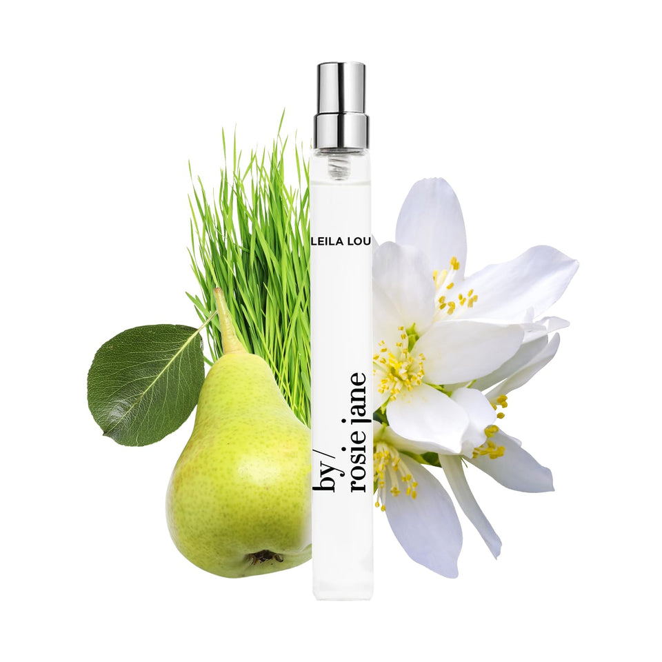 By Rosie Jane Leila Lou travel bottle front view, clean design and notes hint