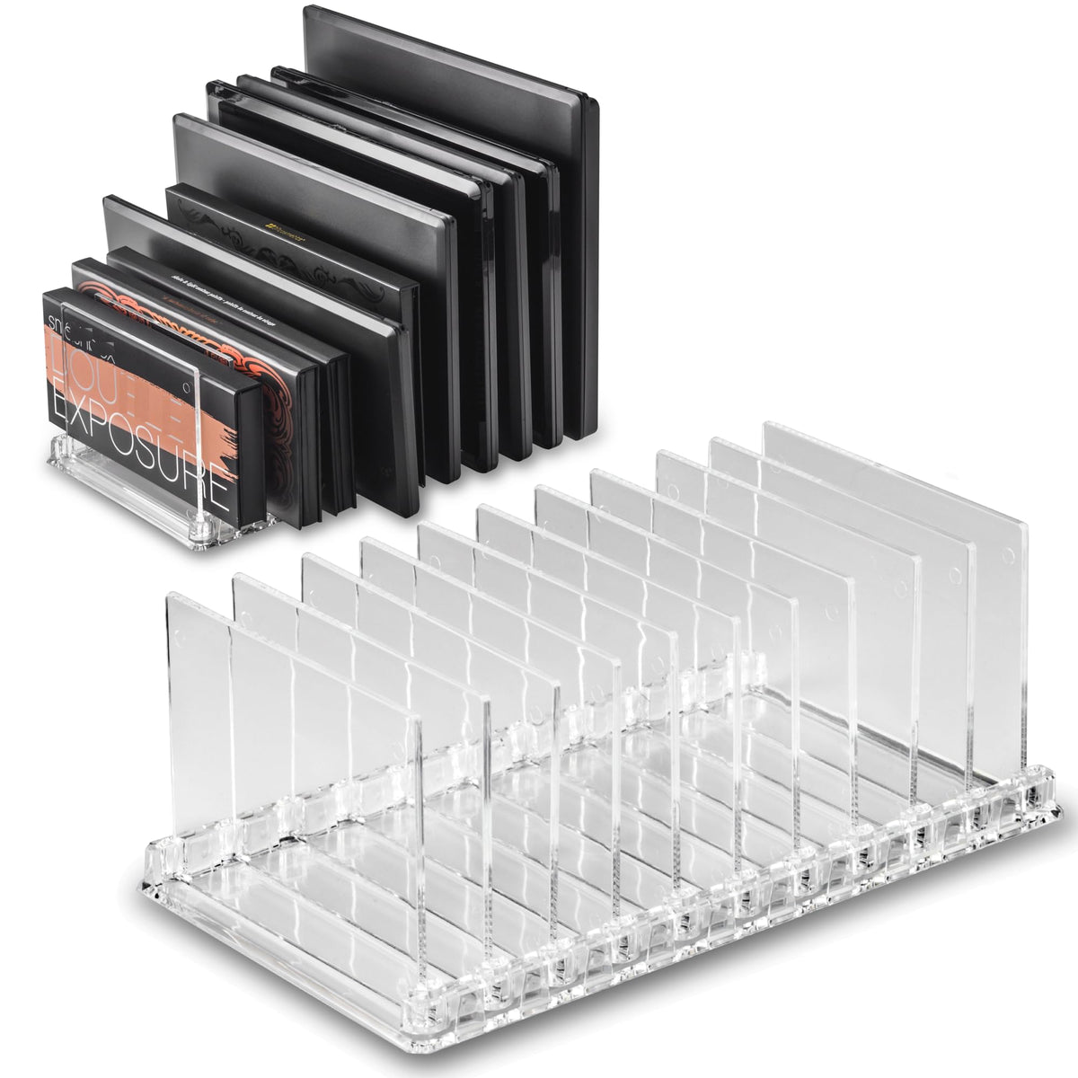 BY ALEGORY acrylic palette organizer on vanity with clear visibility for easy shade selection
