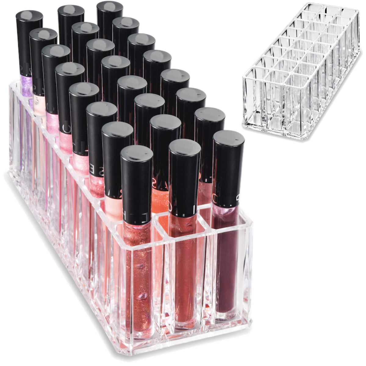 BY ALEGORY acrylic lip gloss organizer with 24 clear slots for easy access.