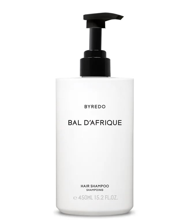 Byredo Bal D'Afrique shampoo bottle with pump showcases luxury packaging for spa-at-home use.