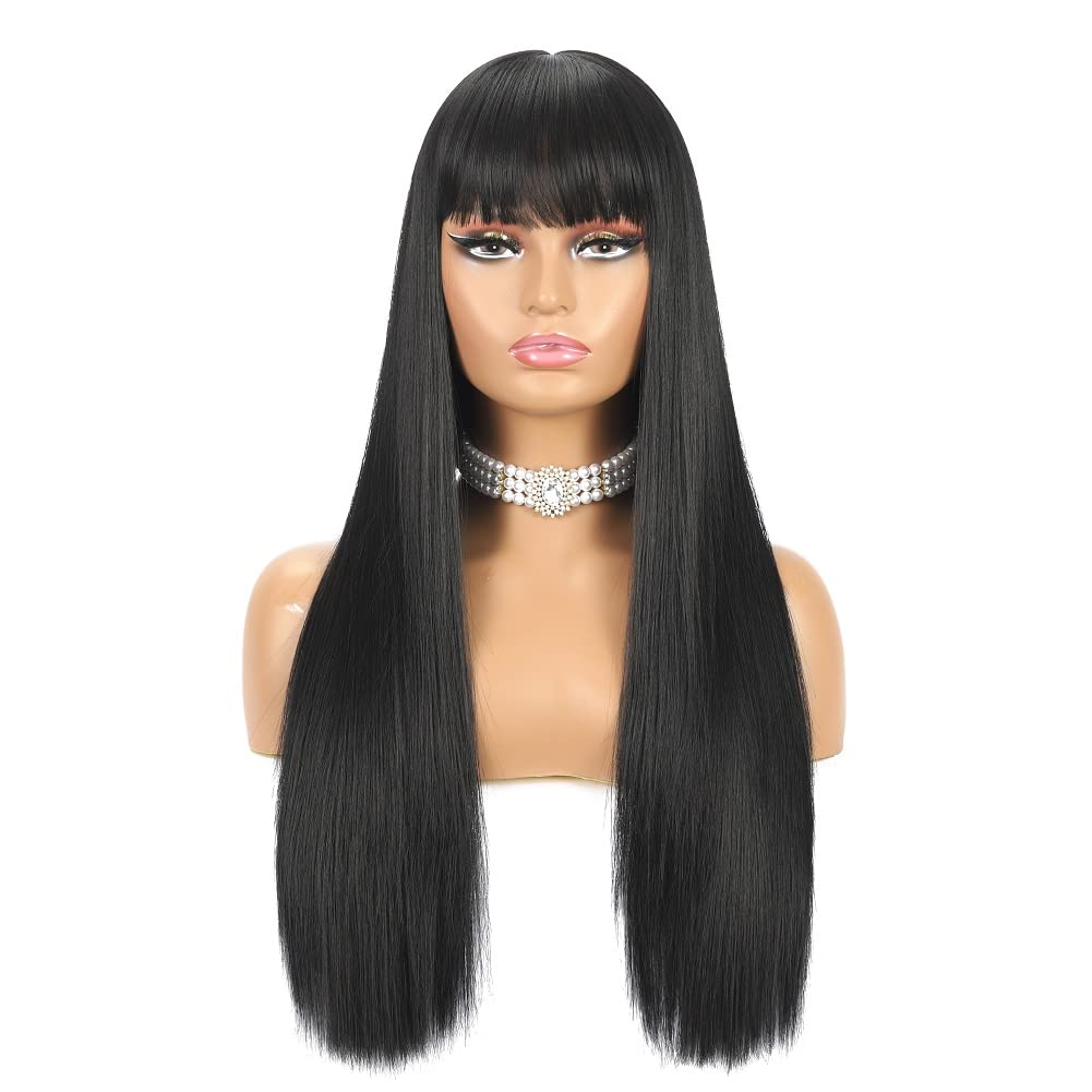 BYRON long straight wig with bangs back view natural black versatile styling
