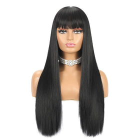 BYRON long straight wig with bangs back view natural black versatile styling