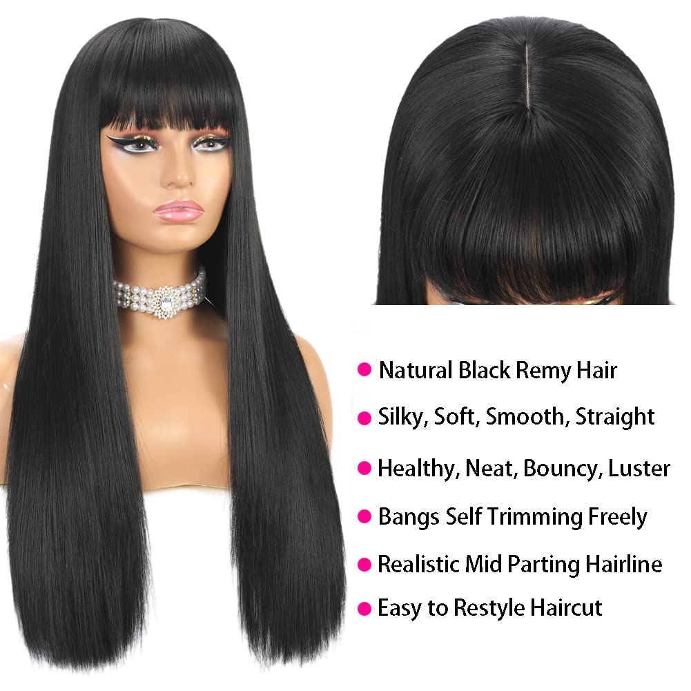 BYRON long straight wig with bangs bangs closeup smooth texture in natural black
