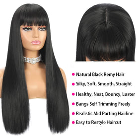 BYRON long straight wig with bangs bangs closeup smooth texture in natural black